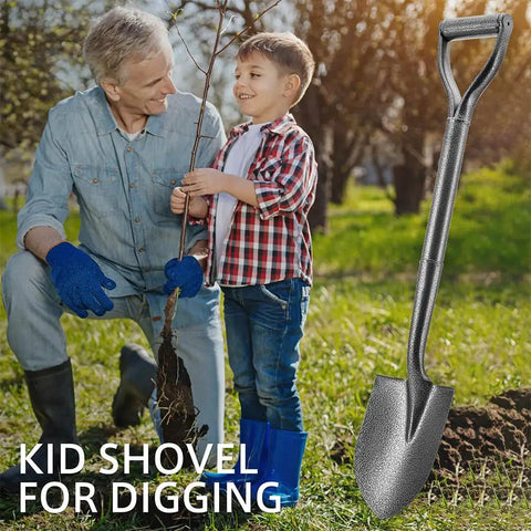 Adult and child planting with 30 Inch All Metal D Handle Shovel For Digging And Gardening Steel Blade Small Spade visible.