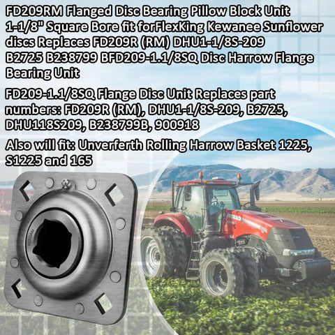 Relubricable One And One Eighth Inch Square Bore Disc Harrow Flange Bearing Unit with tractor in the field background