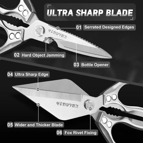 Heavy Duty Two Pack Kitchen Scissors Set For Food With Bone Cutting Blades, Includes Poultry Shears And All Purpose Kitchen Shears, Made From 3Cr13Mov Stainless Steel, Built To Rip Through Tough Bones. Close-up of 3Cr13Mov stainless steel kitchen shears with serrated blade and bottle opener