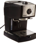15 Bar Espresso And Cappuccino Machine With Manual Frother Wand And Compact Black Housing For Coffee Lovers Seeking Straight Up Smooth Morning Pulls And Zero Hassle Daily Caffeine Routines in black and silver finish.