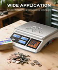 30Kg Digital Counting Scale With 0.1g Precision, Battery Powered, displaying screws and coins on platform in workshop setting