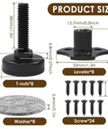 Adjustable Furniture Leg Levelers Set 12 Pieces showing T-nuts, levelers, washers, and screws with product dimensions