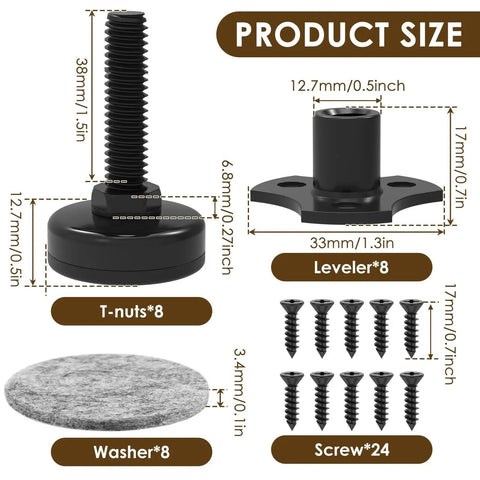 Adjustable Furniture Leg Levelers Set 12 Pieces showing T-nuts, levelers, washers, and screws with product dimensions