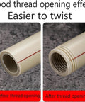 2pc Dual Function Pipe Threader Tool Set For Pvc Pipe 1/2 Inch 3/4 Inch And 1 Inch Die Compatible With Electric Drill For Home Plumbing Repairs Silver Finish showing threaded PVC pipe before and after.