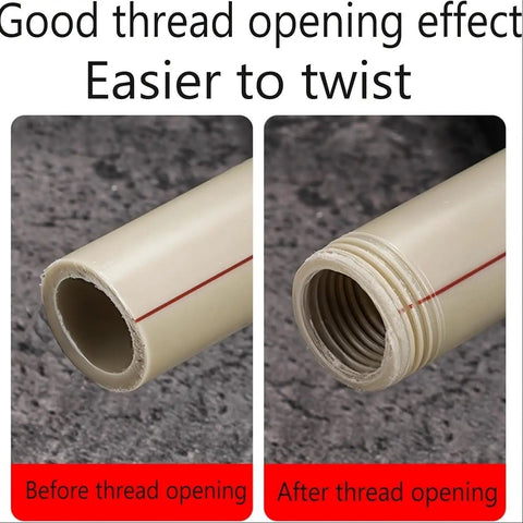 2pc Dual Function Pipe Threader Tool Set For Pvc Pipe 1/2 Inch 3/4 Inch And 1 Inch Die Compatible With Electric Drill For Home Plumbing Repairs Silver Finish showing threaded PVC pipe before and after.