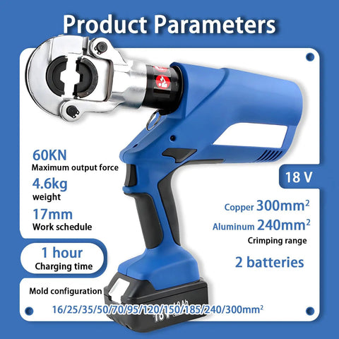 Heavy Duty Cordless Electric Hydraulic Crimping Pliers With Dual 4.0Ah Lithium Packs showing detailed specifications and parameters.