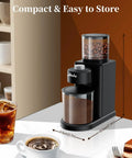 Wancle Electric Conical Burr Coffee Grinder with 25 Adjustable Grind Settings in a compact design next to coffee cup and dessert.