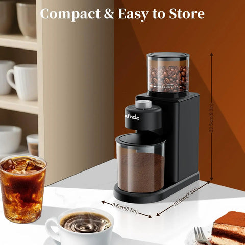 Wancle Electric Conical Burr Coffee Grinder with 25 Adjustable Grind Settings in a compact design next to coffee cup and dessert.