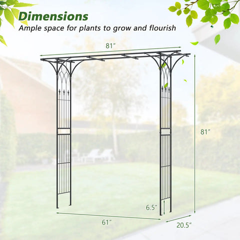81 Inch Garden Arch Metal Arbor For Climbing Plants, Heavy Duty Outdoor Trellis dimensions and ground insertion details
