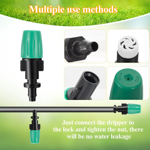50 Pcs Adjustable Atomizing Nozzles For 1/4 Inch Drip Irrigation Tubing, close-up of green and black mist emitter design.
