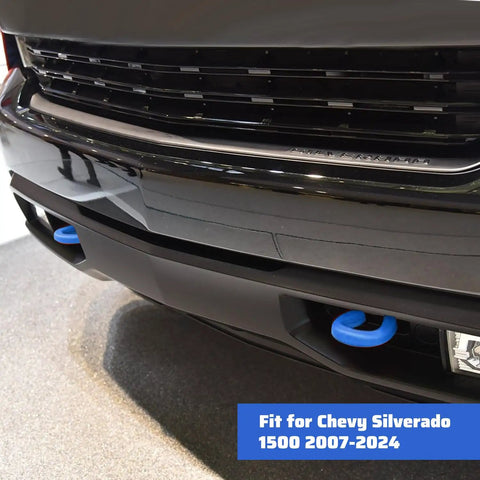 Close-up of Blue Front Tow Hook Covers Set Of 2 For 2007 To 2024 Chevy Silverado 1500 on vehicle bumper.