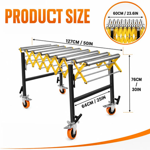 Adjustable Roller Stand For Conveyor With Locking Wheels Supports Up To 980 Lbs, showing dimensions of 127CM/50IN height.