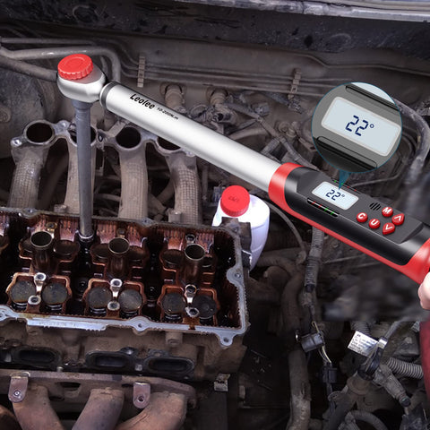 Pro Grade Half Inch Digital Torque Wrench With Angle And Preset Memory in use on car engine, showing digital display.