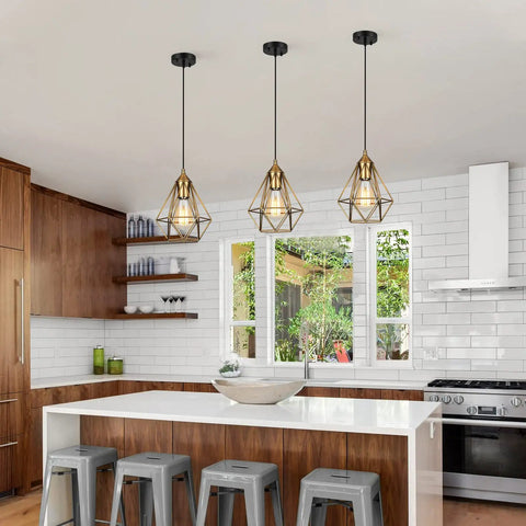 2 Pack Plug In Pendant Lights Matte Gold Vintage Brass Cage Fixtures With 15 Ft Cord And On Off Switch over kitchen island