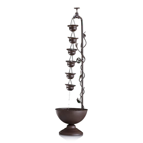 Outdoor Floor Tiered Vintage Water Fountain With 6 Hanging Cups And Soothing Tier Waterfall For Patio Or Garden, 38 Inch Bronze Decor