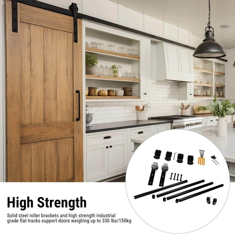 Heavy Duty Barn Door Hardware Kit 6.6 Foot Track System With 330 Pound Capacity Ultra Quiet Soft Close Sliding installed in kitchen