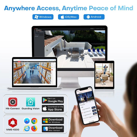 4MP Mini Bullet PoE IP Camera Outdoor With Strobe Light And Audible Alarm shown on multiple device screens