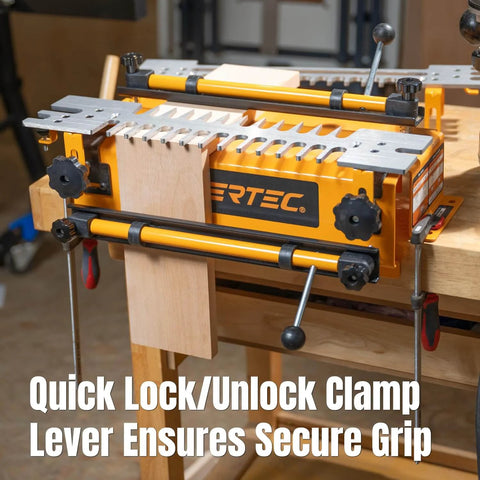 12 Inch Dovetail Jig With Templates, Router Bits, And Guide Bushing For Half Blind And Through Dovetails setup on workbench