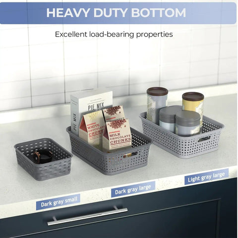 3 Pack Small Plastic Storage Baskets In Sleek Dark Gray For Hassle Free Home Organization And Pantry Reset With Heavy Duty Wicker Look Design A Fast Fix For Bedroom Kitchen Laundry Cabinet Countertop on countertop.