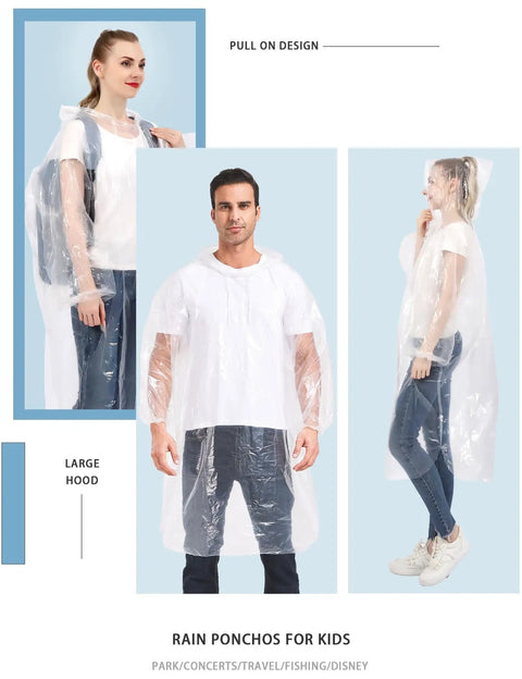 Rain Ponchos For The Fam 6 Pack, Extra Thick 0.035mm PE, Hooded Waterproof Emergency Ponchos worn by adults, clear and durable