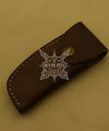 Damascus Steel Folding Knife With Rosewood Handle And Floral Brass Bolster, 4.5 Inch Overall Drop Point Blade leather sheath
