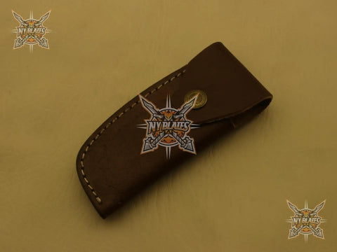 Damascus Steel Folding Knife With Rosewood Handle And Floral Brass Bolster, 4.5 Inch Overall Drop Point Blade leather sheath