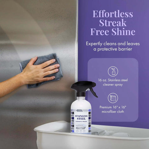 Stainless Steel Cleaner and Polish Bundle with USDA Biobased Formula next to lavender microfiber cloth being used on steel sink.