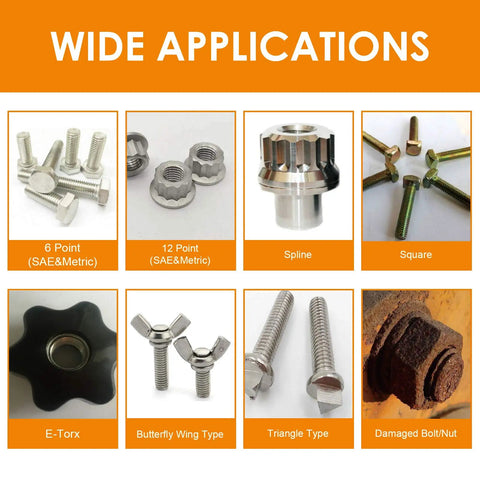 Various fastener types used with Half Inch Drive Universal Spline Socket Set for SAE and Metric Bolts