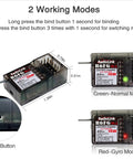 R6FG 6 Channel 2.4GHz Surface Receiver For RC Cars And Boats showing normal and gyro modes with binding button