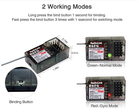 R6FG 6 Channel 2.4GHz Surface Receiver For RC Cars And Boats showing normal and gyro modes with binding button