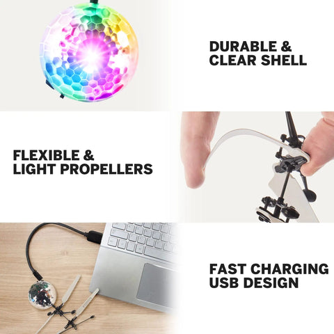Indoor Hand Operated Flying Orb Ball Toy For Kids With LED Lights Remote Control Mini UFO Drone showcasing features and USB charging