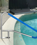 Smooth Sail Setup Hella Sturdy 304 Stainless Steel Inground Pool Handrail Safety Grab Bar with blue grip for easy entry.