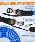 Exploded view of 30ft heated RV water hose with 1/2-inch stainless steel fittings and 2 rubber washers
