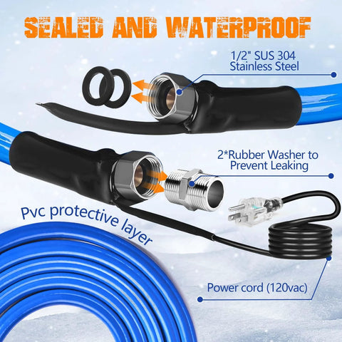 Exploded view of 30ft heated RV water hose with 1/2-inch stainless steel fittings and 2 rubber washers