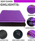 Ultra Comfy Gel Seat Cushion With Double Thick Egg Design And Non Slip Cover For Office Chairs Cars Wheelchairs And Travel Reduces Pressure And Relieves Sciatica And Back Pain While Keeping Its Shape, shown with purple gel design and non-slip base.