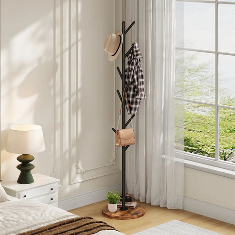 Coat Rack With Nine Hooks Freestanding Metal Hall Tree With Wooden Base For Entryway Space Saving Coat Hanger Stand
