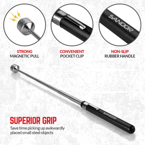 Must Have 3 Piece Magnetic Parts Tray Kit With Telescoping Inspection Mirror And Extendable Magnet Pick Up Tool For Screws Bolts Nuts Washers Pins And Other Small Metal Parts For Everyday Garage Or Workshop Use extendable magnetic pickup tool with pocket clip and rubber handle