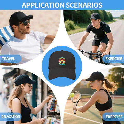 Everyday Dope Adjustable Cap for Women with Front Artwork shown in travel, exercise, relaxation, and casual settings.