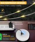4 In 1 Camping String Light With Rechargeable Battery Thirty Two Point Eight Feet shown charging and waterproof feature