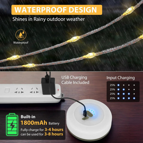 4 In 1 Camping String Light With Rechargeable Battery Thirty Two Point Eight Feet shown charging and waterproof feature