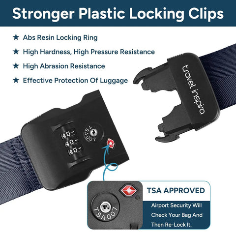 Two Pack Navy Blue Luggage Straps With TSA Lock Heavy Duty Adjustable Cross Travel Belt Anti Theft Suitcase Strap closure