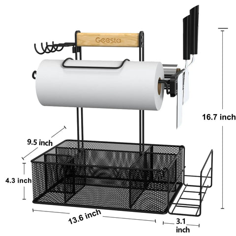Grill Caddy For Outdoor Grill And BBQ Magnetic Tool Holder With Paper Towel Arm Condiment And Utensil Storage Organizer