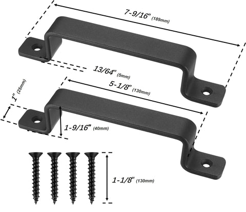 Heavy Duty Black Barn Door Handles 7.4 Inch Rustic Metal Pulls Two Pack For Sliding Doors Ideal For Garage Shed Gate Closet Drawer Indoor Outdoor Use Today with screws and dimensions shown.