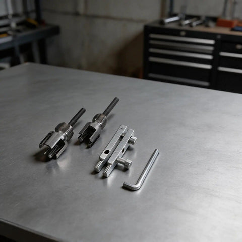 2 Piece Pipe Threading Tool Kit With Hex Die Design And Broken Wire Extractor For Quick Jam Free Internal And External Threading On PVC And Metal Pipes A Real Workhorse For Home Pro Jobs And DIY Enthusiasts., two metal pipe threading dies with extractor and hex key on workbench