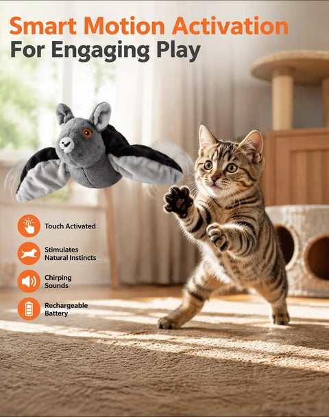 Flying Bat Dog Toy With Motion Activated Rechargeable Power, Interactive Indoor Outdoor Toy For Cats And Dogs With Realistic Flapping Wings And Pet Hair Removal Glove, gray plush bat toy beside kitten