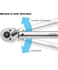 Industrial Torque Wrench 30 to 150 in-lbs, One Quarter Inch Drive, Matte Chrome Finish, Bi-Directional Calibration, shown rotating