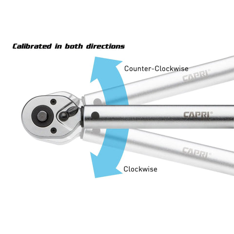 Industrial Torque Wrench 30 to 150 in-lbs, One Quarter Inch Drive, Matte Chrome Finish, Bi-Directional Calibration, shown rotating