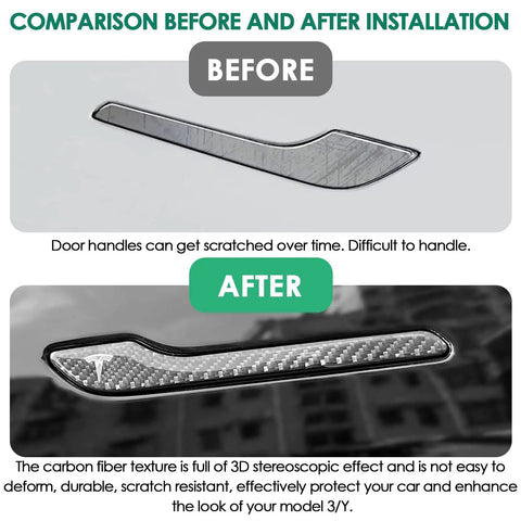 Comparison of Tesla Real Carbon Fiber Door Handle Covers 4 Pack For Model 3 2019 Through 2025 And Model Y 2020 Through 2026 installed