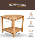 Corner Bamboo Shower Bench With Storage Shelf, 2 Tier Wood Seat, Non Slip Feet, Go To Bath Stool And Organizer dimensions shown