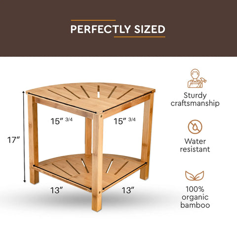 Corner Bamboo Shower Bench With Storage Shelf, 2 Tier Wood Seat, Non Slip Feet, Go To Bath Stool And Organizer dimensions shown